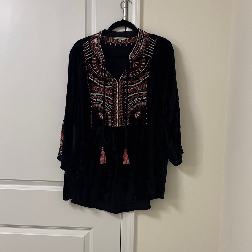 John Mark Embroidered Black Boho Tunic Top with Pink Accents
